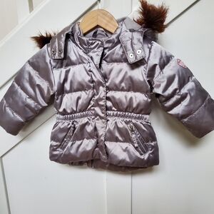 Silver Metallic Puffer Jacket with Fur Trim
